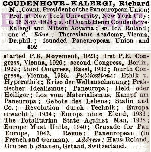 Who's Who 1948 entry for Count Richard Coudenhove-Kalergi