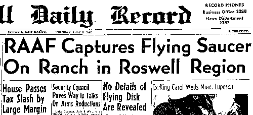 Roswell Record 8 July 1947 flying saucer headline. Bomb?